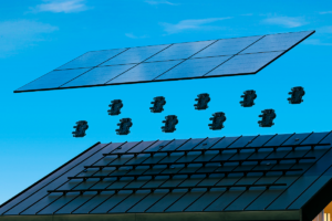 Imagem ilustrativa de microinversores embaixo de paineis solares de uma residência.